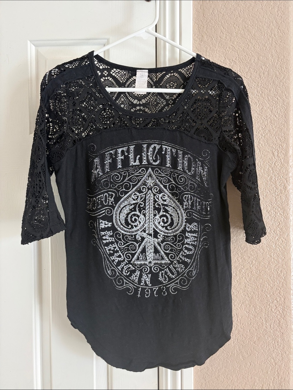 Affliction Black Crochet-Sleeve Graphic Tee - Women's